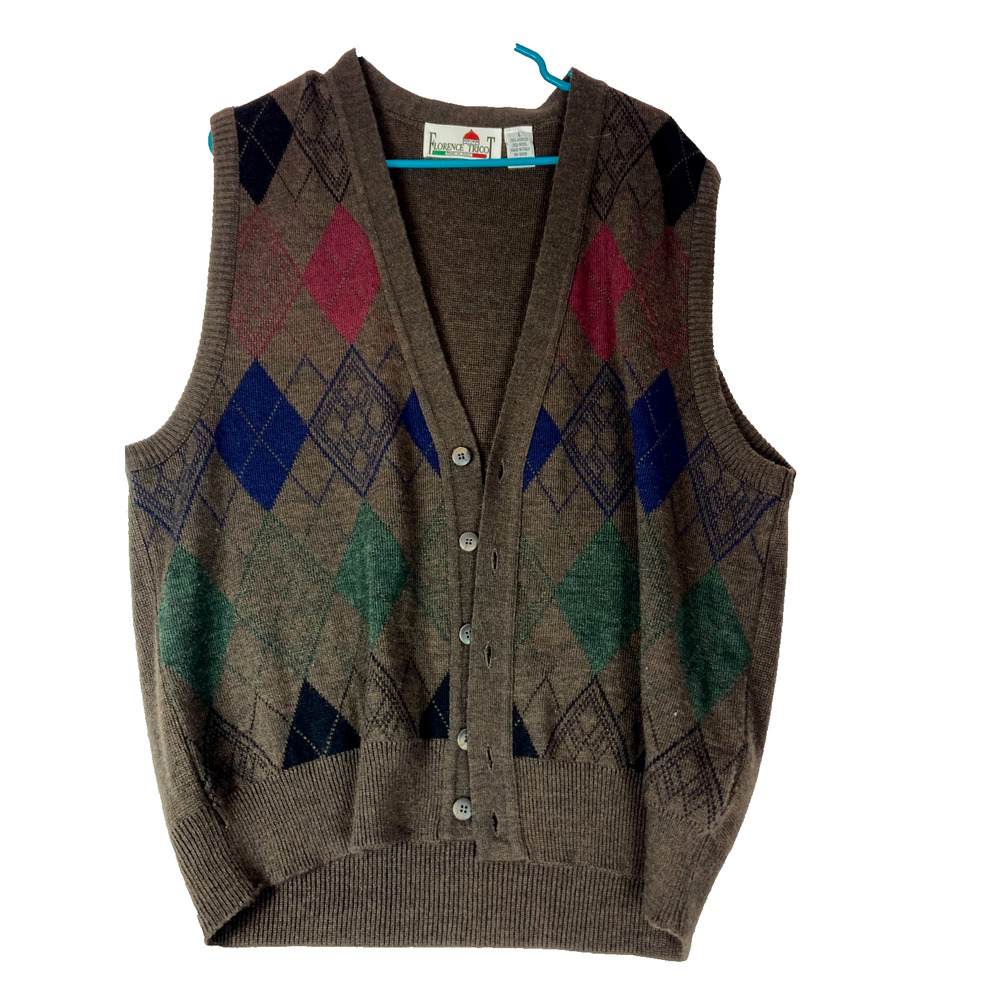 Florence Tricot Italy Sweater‎ Vest Size L Wool Blend Button Up Grandpa Hipsters